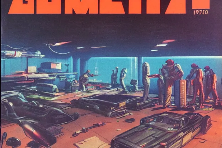 Image similar to 1979 OMNI Magazine Cover of a garage war-room in neo-Tokyo in cyberpunk style by Vincent Di Fate