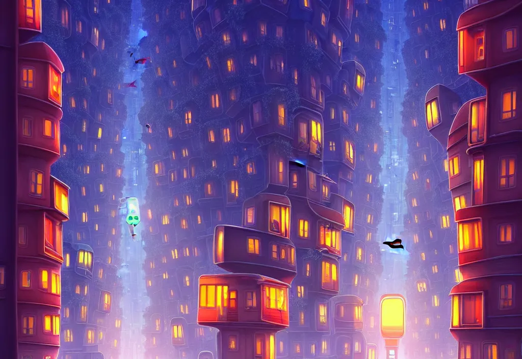 Prompt: Beautiful city at night with futuristic trains, metro, technology, utopia, houses, skyscraper overgrown with trees and plants. Raining at night with light pole illuminate the patch, Nice color scheme, warm colour. Beautiful artistic digital artwork by artist Lurid. (2022), Gediminas Pranckevicius