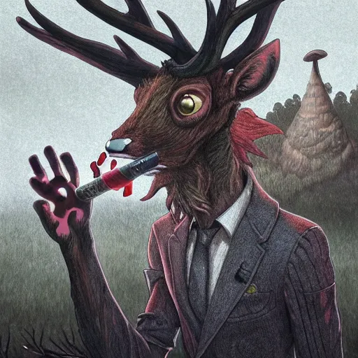 Image similar to 4 k headshot portrait of a psychedelic demonic anthropomorphic deer - horned wendigo smoking a hand - rolled cigarette smoking heavily, magic mushroom village in background. award winning. superb resolution. in the art style of junji ito and greg rutkowski. detailed mushroom city in background. hyper realistic anime. perfect art. dalle 2