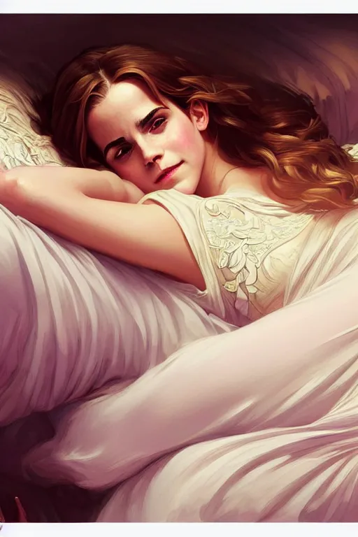 Image similar to Emma Watson lying on the bed in sleepwear, summertime, fantasy, intricate, elegant, highly detailed, digital painting, artstation, concept art, matte, sharp focus, illustration, hearthstone, art by Artgerm and Greg Rutkowski and Alphonse Mucha