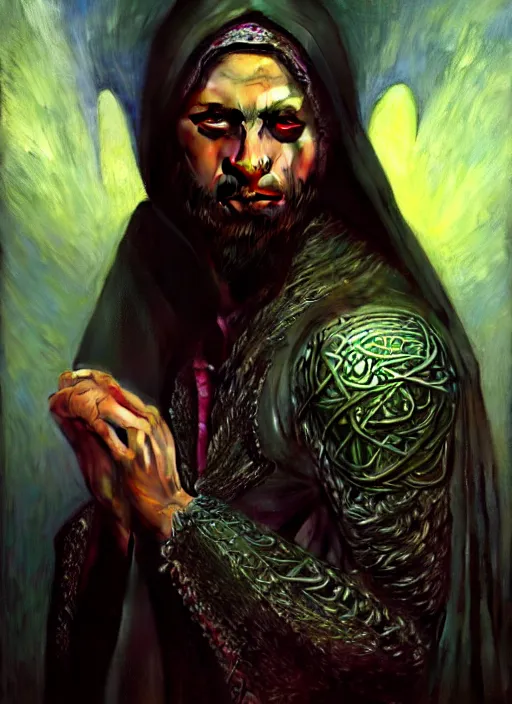 Image similar to muslim wizard, full body, hyper realistic, extremely detailed, dnd character art portrait, dark fantasy art, intricate fantasy painting, dramatic lighting, vivid colors, deviantart, artstation, by edgar maxence and caravaggio and michael whelan and delacroix.