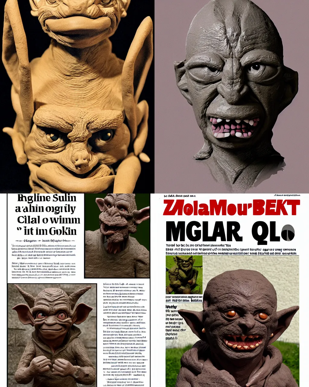 Prompt: 'magazine page with a picture of a clay sculpture of a goblin' clay sculpture, magazine, zoomed out, zoomed out, zoomed out