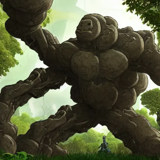 Prompt: a giant stone golem held together by vines fighting a giant mech in a forest