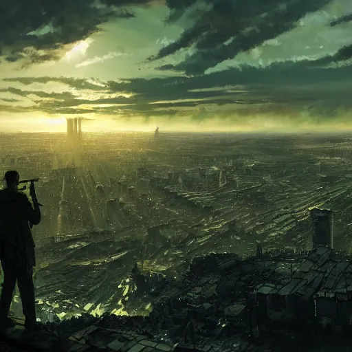 Image similar to wanderer with night vision goggles, dramatic light, sunset, sunrays, cyberpunk city in the background, ruins, buildings, dystoptian, gorgeous view, depth, painted by Caspar David Friedrich, clouds, tending on artstation