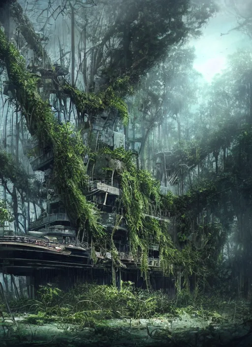 Prompt: decayed aircraft carrier USS Nimitz laying on the ground overgrown with vegetation and hanging vines, post apocalyptic, tropical forest, by Luis Royo, by Greg Rutkowski, low angle shot, dark, gritty, intricate, cover illustration, concept art, volumetric lighting, volumetric atmosphere, sharp focus, octane render, trending on artstation, 8k