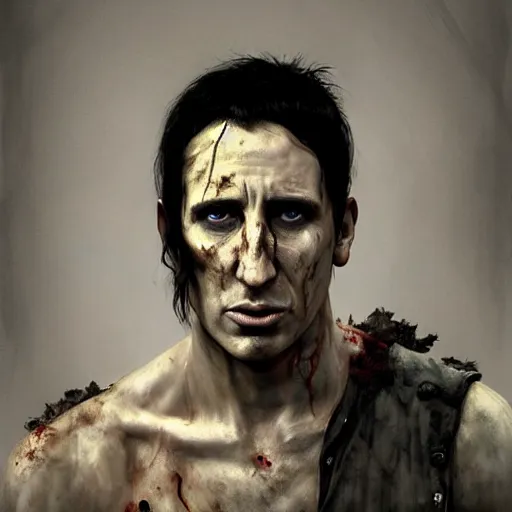 Image similar to color portrait of young and handsome trent reznor as a zombie with shoulder length hair, 7 days to die zombie, realistic proportions, fine art, award winning, intricate, elegant, sharp focus, cinematic lighting, digital painting, 8 k concept art, art by brom, art by guweiz and z. w. gu, art by michael hussar, 8 k