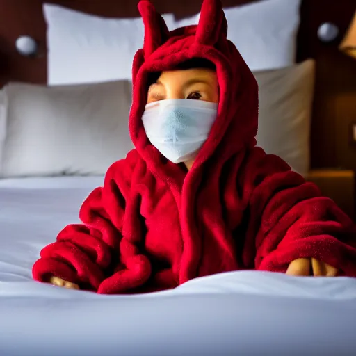 Image similar to a dragon wearing a bathrobe in a hotel room