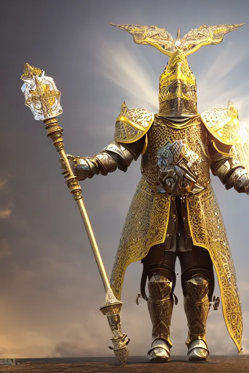 Prompt: a holy knight in ornate godly armor made of ivory, harnessing holy light, vfx, particles, realistic 8k octane render, unreal engine, sunny day, clear sky, noon, God rays, post processing