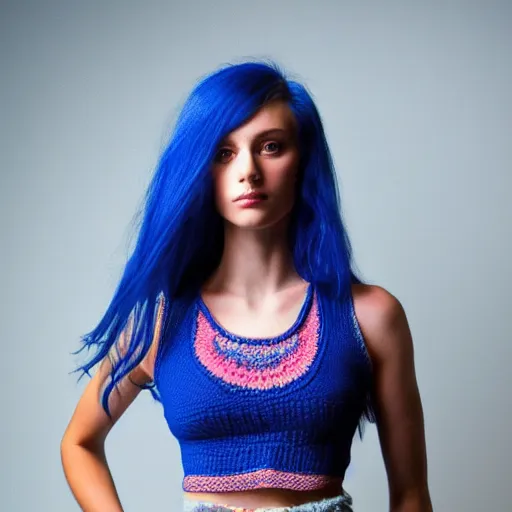 Image similar to A photo of a caucasian female model with blue hair wearing a crocheted croptop.