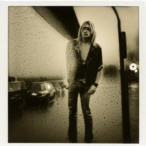 Image similar to polaroid of kurt cobain in seattle, raining! nighttime
