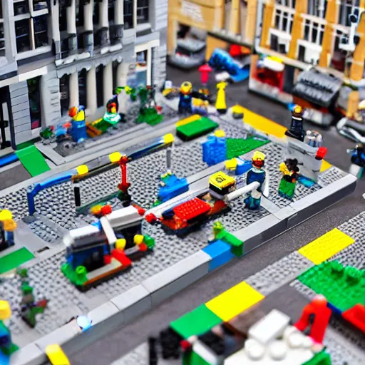 Image similar to mini lego in the city, photorealistic, highly detailed, sharp focus, vivid, symmetrical, random, convoluted, mind - blowing, creative, fully functional, physics defying, amazing, cool, atmospheric