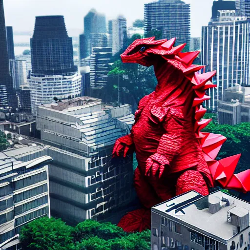 Image similar to origami giant godzilla, tearing through a city, birds eye view