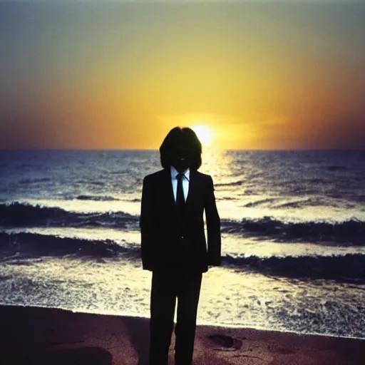 Image similar to japanese man with long hair wearing a beige suit and black pants standing in the ocean, facing the camera, face visible, sunset, night, wide shot, tatsuro yamashita, album cover, 1980s japan, grammy award winning