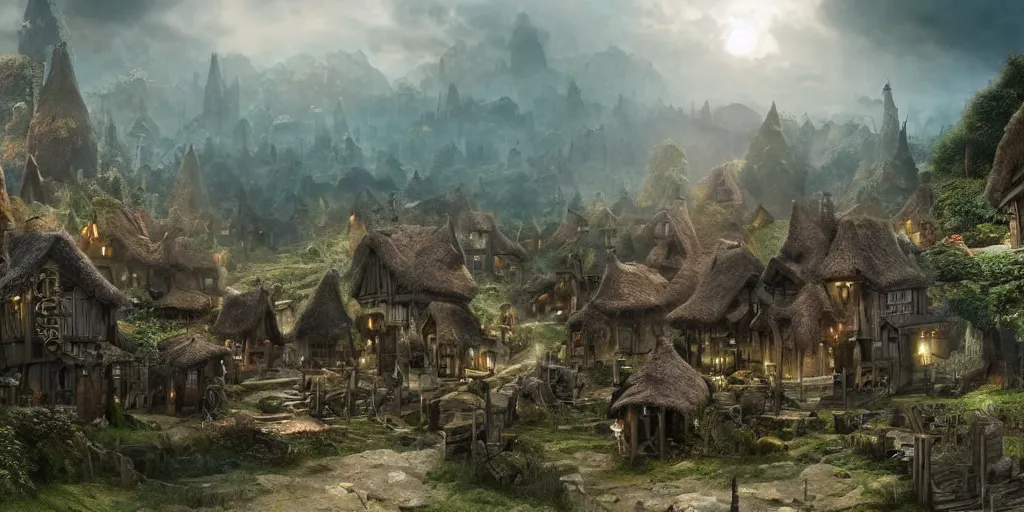 Image similar to beautiful matte painting of a fantasy village by weta workshop 4 k, cinematic dramatic atmosphere, dramatic lighting