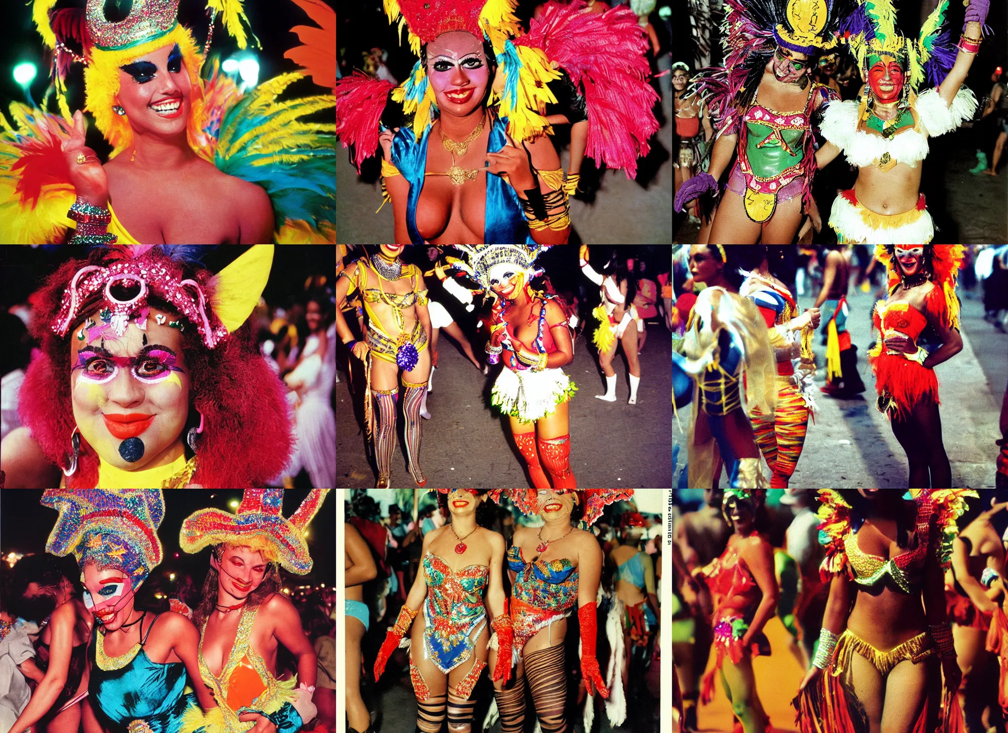 Prompt: color photograph portrait of a beautiful woman in costume at brazilians carnival, smile, tights, people, night, summer, dramatic lighting, 1 9 9 0 photo from live magazine.