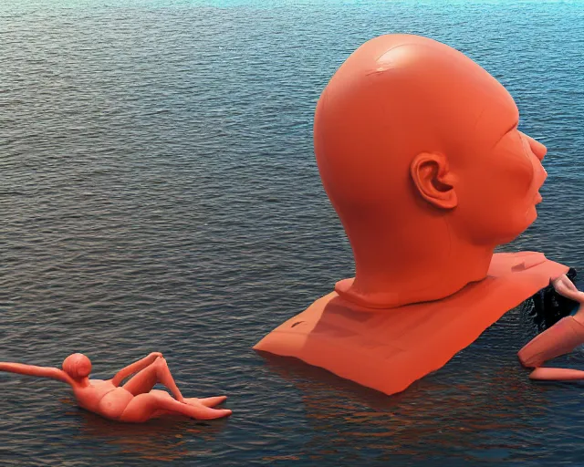 Prompt: a long shot of a giant award winning sculpture of a human head made out of inflatable toys on the surface of the ocean, in the style of chad knight, hyper detailed, hyper realistic, ray tracing, 8 k resolution, sharp focus, realistic water