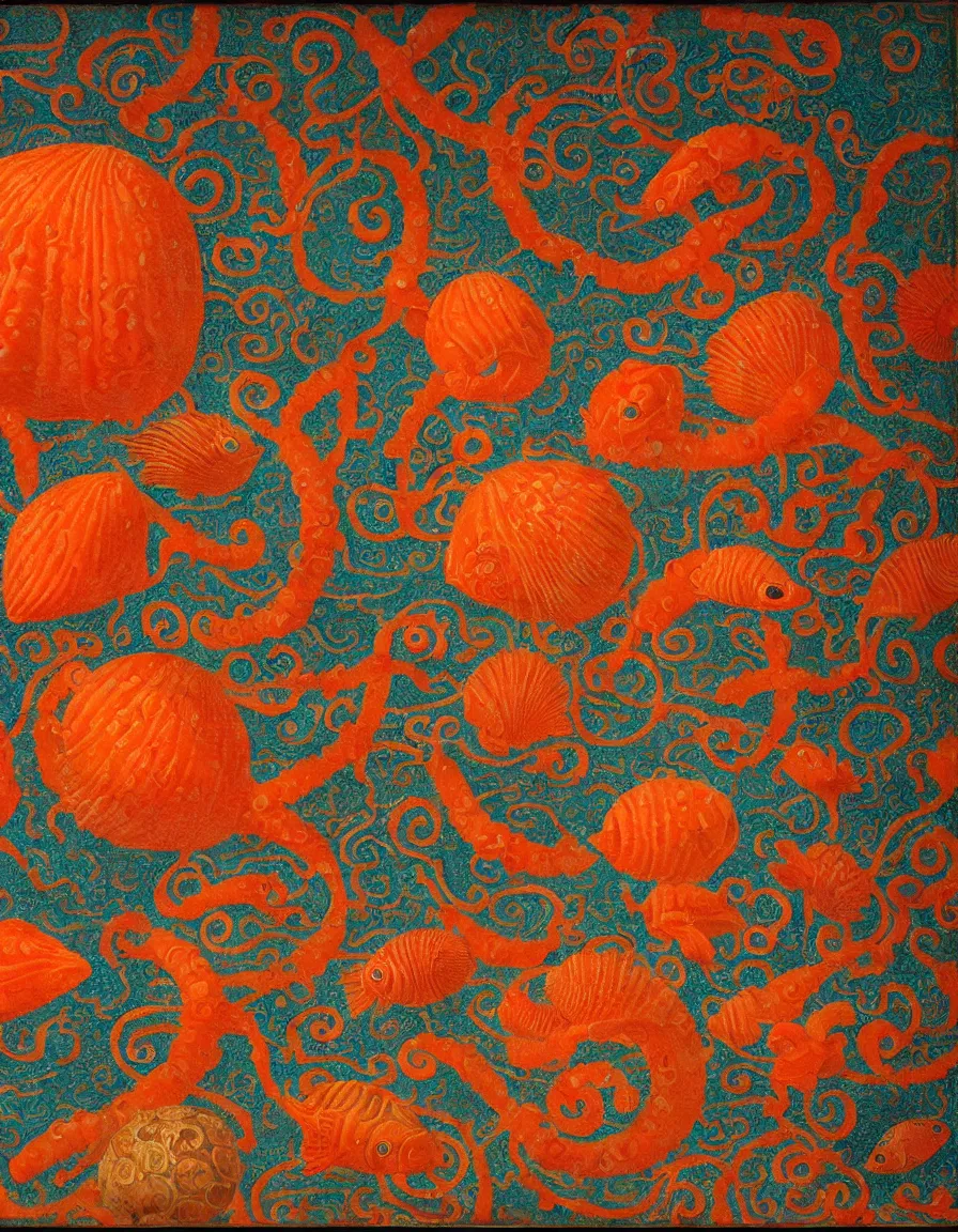 Image similar to transparent vase of coral in the sky and under the sea decorated with a dense field of stylized scrolls that have opaque orange outlines, with colorful shells and orange fishes, ambrosius benson, oil on canvas, hyperrealism, light color, no hard shadow, around the edges there are no objects