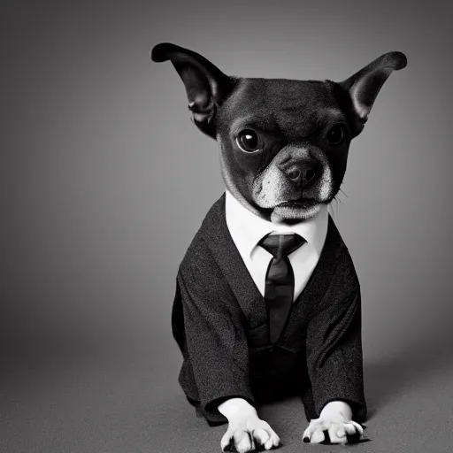 Prompt: a dog wearing a suit in a nightmare, black and white