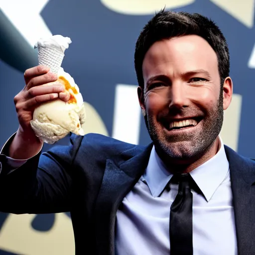 Image similar to A still of Ben Affleck's Batman smiling while eating an ice cream, 4k, ultra realistic, detailed, award winning