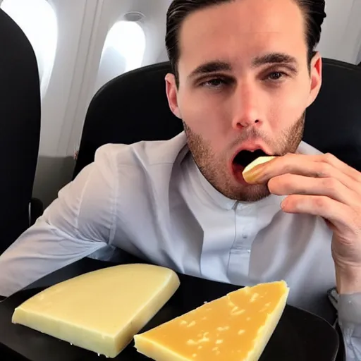 Image similar to a tall attractive man with slicked back brown hair eating cheese on an airplane