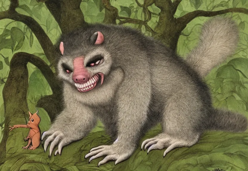 Image similar to possum monster in the wild, colorized, high detail, by Maurice Sendak