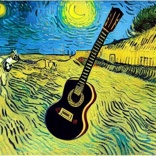 Prompt: painting of a spainish guitar under full moon by ocean side by Vincent van Gogh