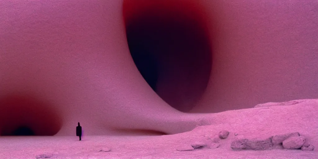 Image similar to a strange huge translucent pvc inflated organic architecture building with pink fluffy fur inside by anish kapoor sits in the rock mountains, film still from the movie directed by denis villeneuve with art direction by zdzisław beksinski, close up, telephoto lens, shallow depth of field