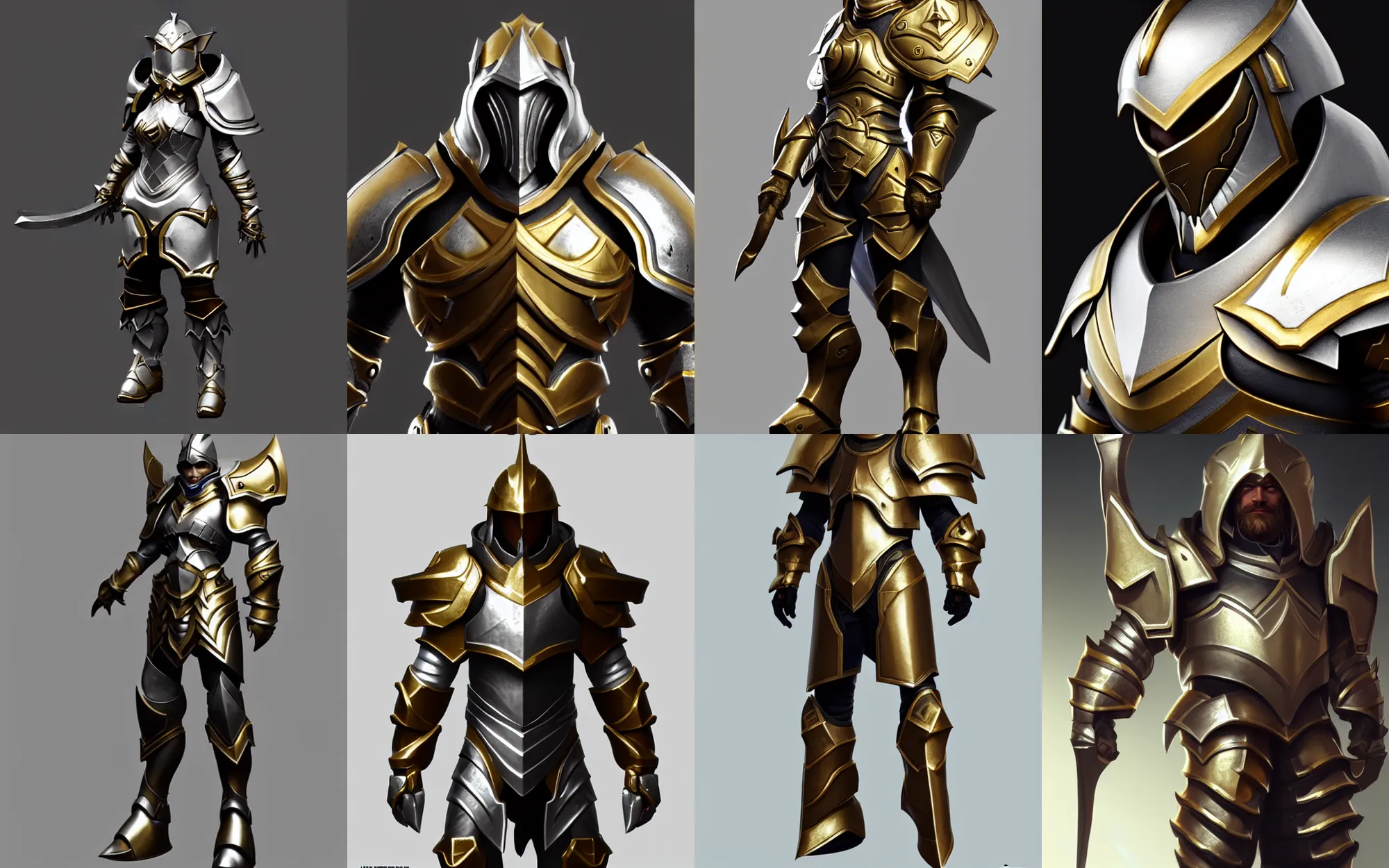 Image similar to stunning character art, epic paladin armor, trending on artstation, hd octane render, silver, gold trim, smooth shading, extremely clean, uncluttered, high quality, exaggerated proportions, very professional