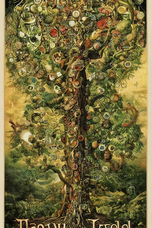 Image similar to vintage magazine advertisement depicting all of the knowledge in the world as a tree, by marius lewandowski, by ernst haeckel