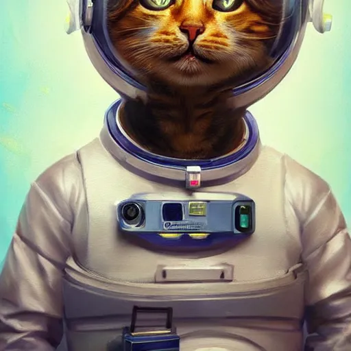 Image similar to head and shoulders masterpiece portrait of a cute adorable cat wearing a spacesuit, surreal background, digital art by krenz cushart, trending on artstation, cgsociety,