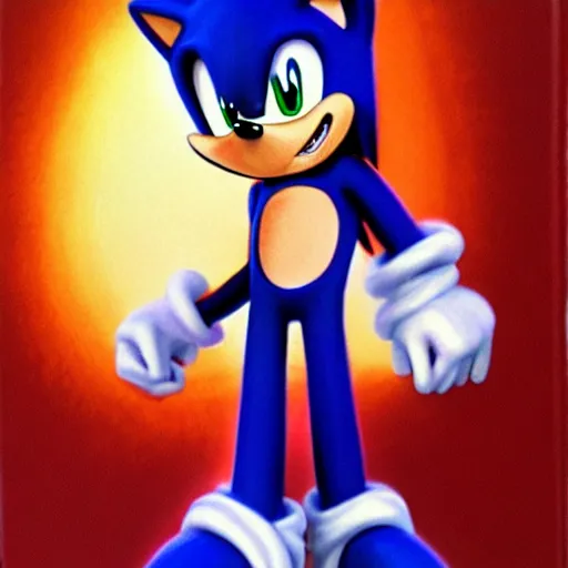 Image similar to hyperrealistic anime Sonic the Hedgehog oil painting 8k , sunset backlight