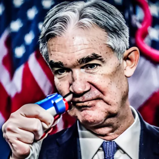 Image similar to photo of Jerome Powell with whiteface clown makeup using a flamethrower, highly-detailed