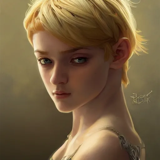 Prompt: an epic fantasy comic book style portrait painting of a young blonde girl with pixie haircut wearing plain thief clothes, confident, d & d, fantasy, intricate, elegant, highly detailed, digital painting, artstation, concept art, matte, sharp focus, illustration, art by artgerm and greg rutkowski and alphonse mucha