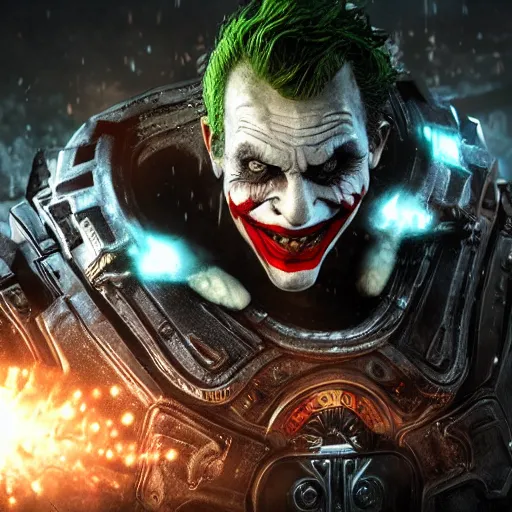 Image similar to the joker as santaclaus in gears of war, splash art, warzone, dystopian, movie still, cinematic lighting, dramatic, octane render, long lens, shallow depth of field, bokeh, anamorphic lens flare, 8 k, hyper detailed, 3 5 mm film grain