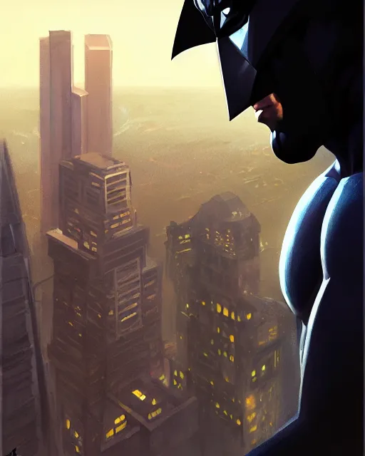 Image similar to jeff bezos as batman looking over seattle, medium shot close up, details, sharp focus, illustration, by jordan grimmer and greg rutkowski, trending artstation, pixiv, digital art