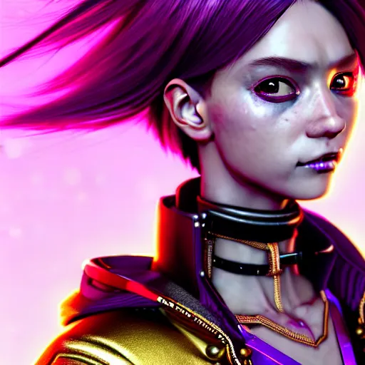 Image similar to hyperdetailed close portrait of a stunningly beautiful pink cyberpunk cute european girl with dark hair made of metals and shiny iridescent gems, dark rainbow nimbus, gold necklace, puffer jacket, inspired by ross tran and masamune shirow and kuvshinov, intricate, photorealistic, octane render, rtx, hdr, unreal engine, dnd digital art by artgerm