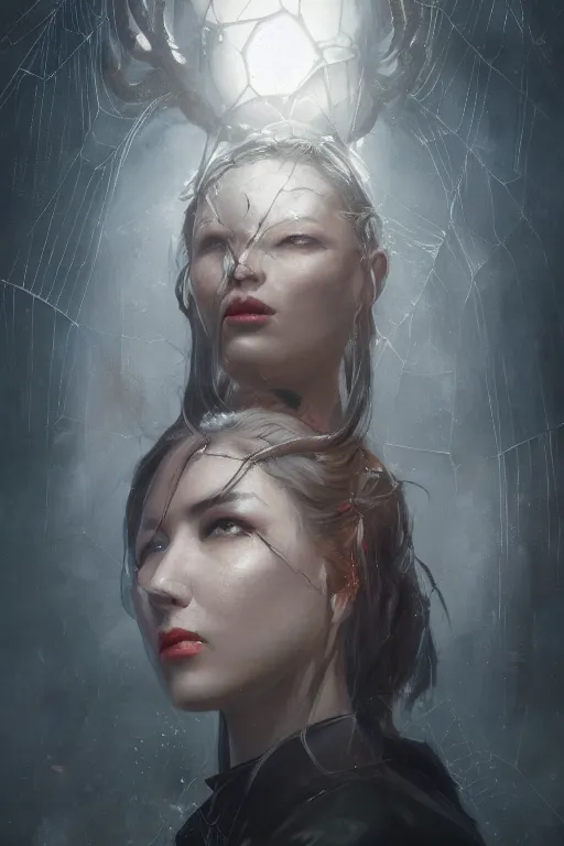 Prompt: A fancy portrait of a beautiful spider women by Greg Rutkowski, beeple, Sung Choi, Mitchell Mohrhauser, Maciej Kuciara, Johnson Ting, Maxim Verehin, Peter Konig, Bloodborne, 8k photorealistic, cinematic lighting, HD, high details, dramatic, dark atmosphere, trending on artstation