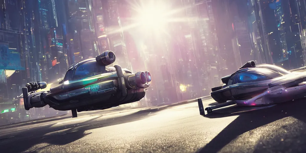 Prompt: photorealistic Flying Cars on cyberpunk roads. daylight. sunlight. lens flare. light fixtures. 8K. detailed. photorealism. artstation. 25mm f/1.7 ASPH Lens. ultra realistic H 768