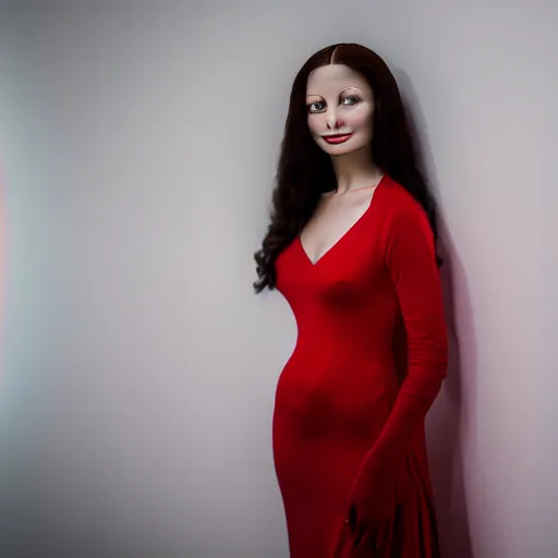 Image similar to Stunning modern studio portrait photograph of the original female model named Mona Lisa standing in a white room wearing a red dress, XF IQ4, f/1.4, ISO 200, 1/160s, 8K, RAW, unedited, symmetrical balance, in-frame, sharpened