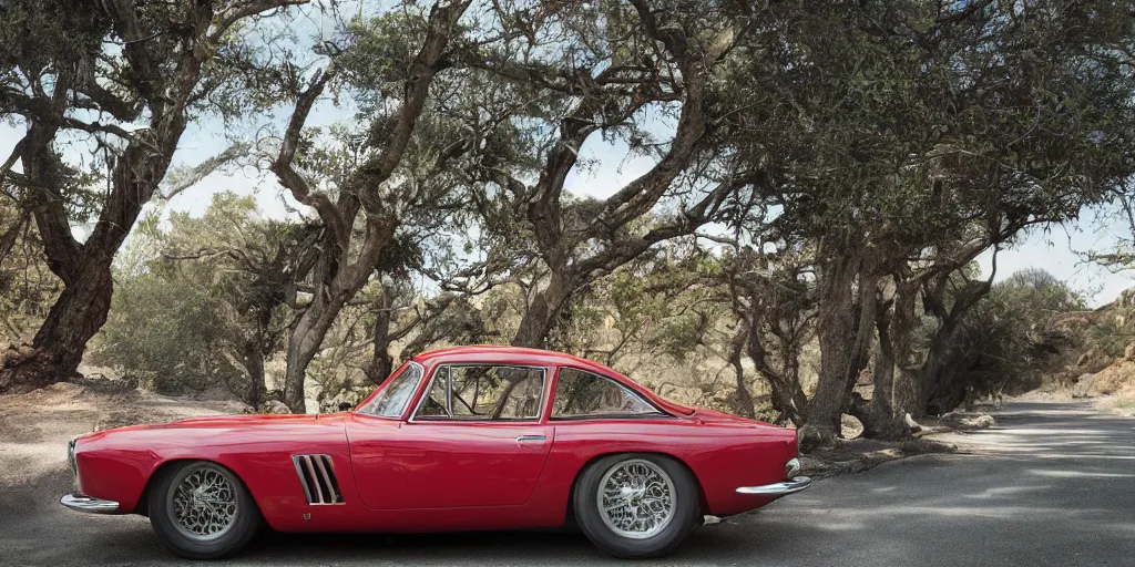 Prompt: photograph, 1958 FERRARI 250 GT, by Peter Singhof, press release, cinematic, Pacific Coast Highway, 8k, depth of field, bokeh.