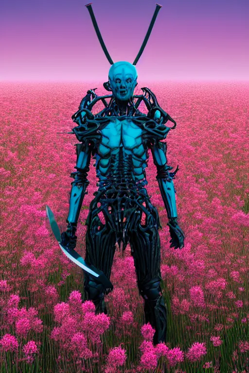 Prompt: hyperrealistic neo - gothic muscular human demon hybrid, exoskeleton armor, holding katana, standing in a field of pink flowers, highly detailed smooth concept art masterpiece, vitaly bulgarov dramatic dark teal light, ground angle hd 8 k, sharp focus