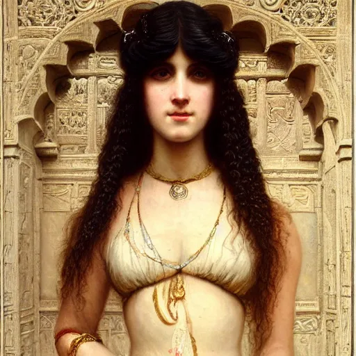 Prompt: orientalist portrait of a mesopotamian woman with thick black bangs and curls wearing an ornate dress standing inside sandstone ruins intricate artwork by john william waterhouse and Edwin Longsden Long and Theodore Ralli and Henryk Siemiradzki. trending on artstation, very coherent symmetrical artwork high detail 8k