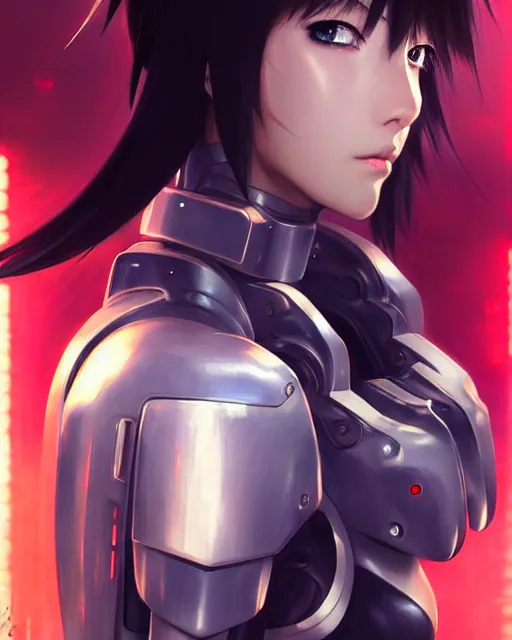 Image similar to portrait Anime Girl in mecha armor in night tokyo Sharp fine face pretty face, realistic shaded Perfect face, fine details. Anime. cyberpunk realistic shaded lighting by katsuhiro otomo ghost-in-the-shell, magali villeneuve, artgerm, rutkowski Jeremy Lipkin and Giuseppe Dangelico Pino and Michael Garmash and Rob Rey