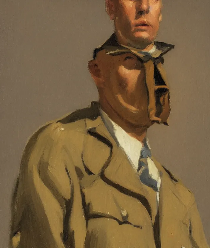 Prompt: a very detailed portrait of a man, wearing an open military jacket, front view, in the style of edward hopper and oswald hornby joseph birley and susan ryder, very small brushstrokes, 4 k,