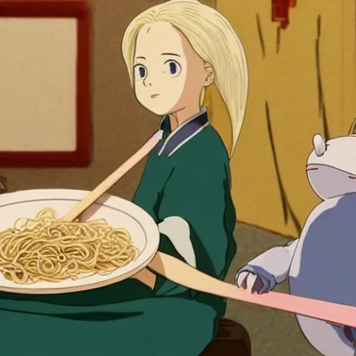 Image similar to Elle Fanning eating noodles in spirited away, by Studio Ghibli,