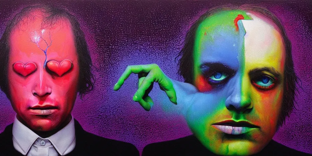 Image similar to a man being overcome by love conciseness, psychedelic dripping colors, detailed painting by painting by gottfried helnwein