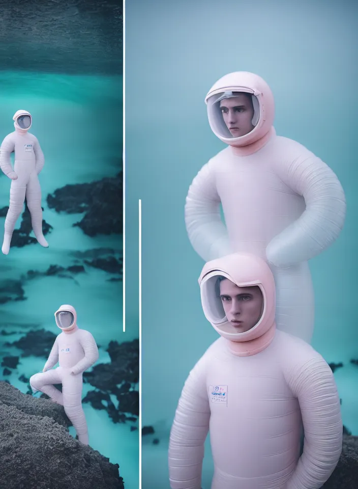 Image similar to high quality pastel coloured film portrait photograph of one beautiful young 2 0 year old male, soft features, short hair, wearing perspex space suit and oversized inflated clothing!! icelandic black rock pool environment. atmospheric three point light. photographic. art directed. ( pastel colours ). volumetric. clearcoat. waves. 8 k. filmic.