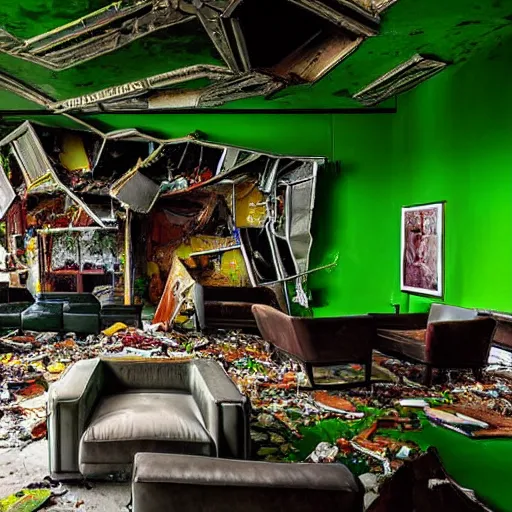 Image similar to dayglo green, taco bell opulent by nacho carbonell. a body art of a room that is wrecked, furniture overturned, belongings strewn about, & debris everywhere. the only thing left intact is a photograph on the wall shows a tidy, well - appointed space, with everything in its place.