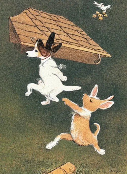 Prompt: jack russel terrier jumping from the ground over a small house, illustrated by peggy fortnum and beatrix potter and sir john tenniel