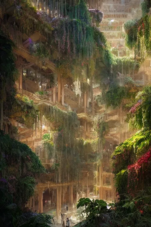 Image similar to magnificent view of the hanging gardens of babylon, intricate, elegant, volumetric lighting, digital painting, highly detailed, artstation, sharp focus, illustration, concept art, ruan jia, steve mccurry